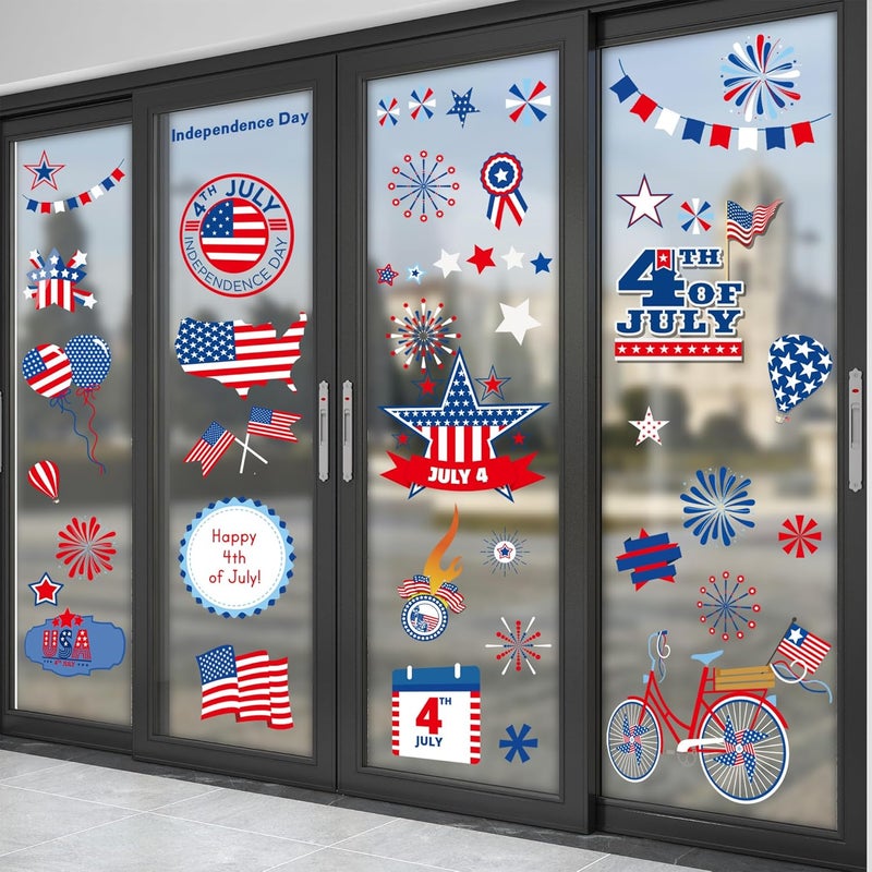 i-Beeboo 4th of July Patriotic Window Clings USA Double-Sided Window Art Decals USA Independence Memorial Day Stripes Star Fireworks Flags Balloon Decorations for Home School Office 9 Sheets (A) - Image 3